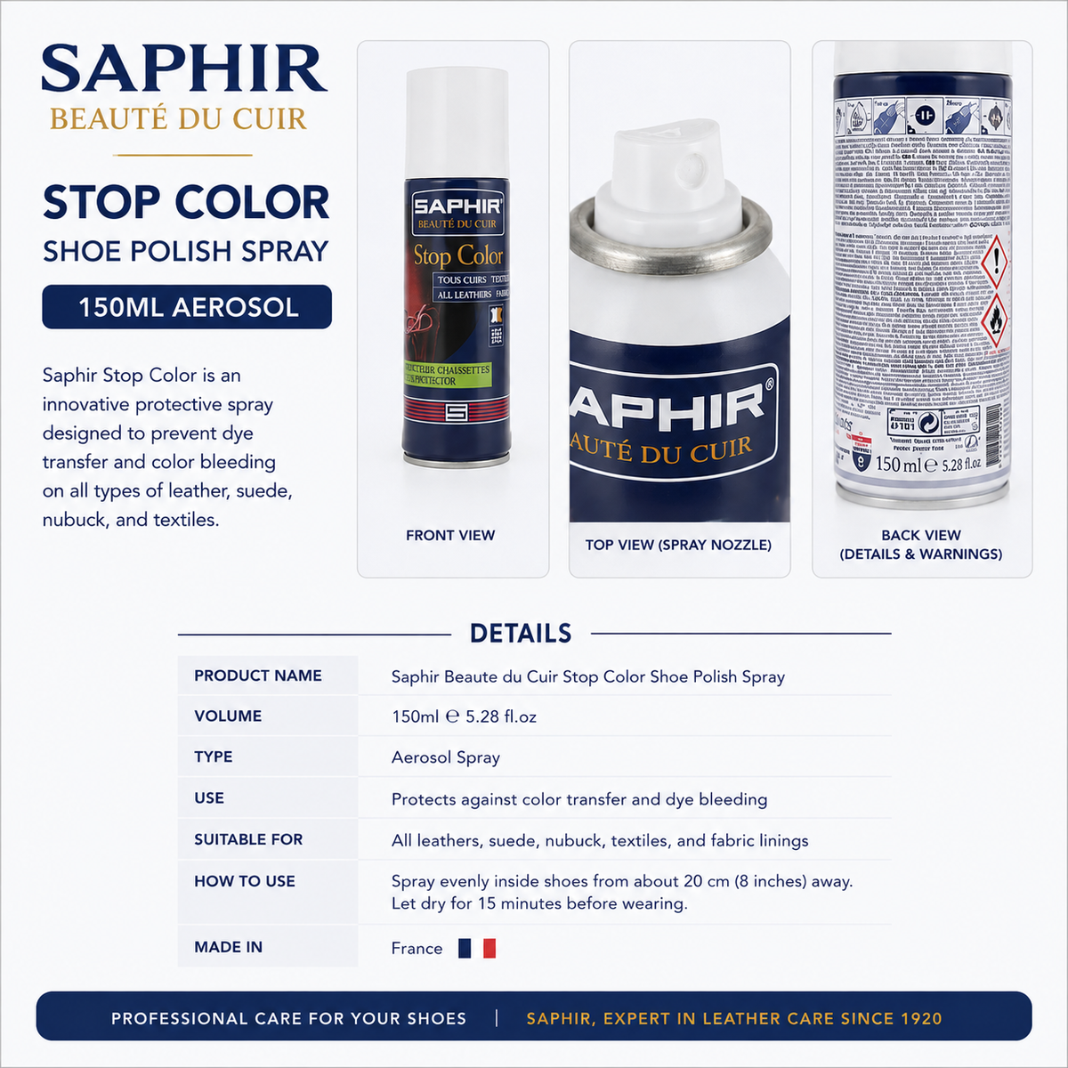 Saphir Shoe Polish Spray Beaute du Cuir Stop Color 150ml