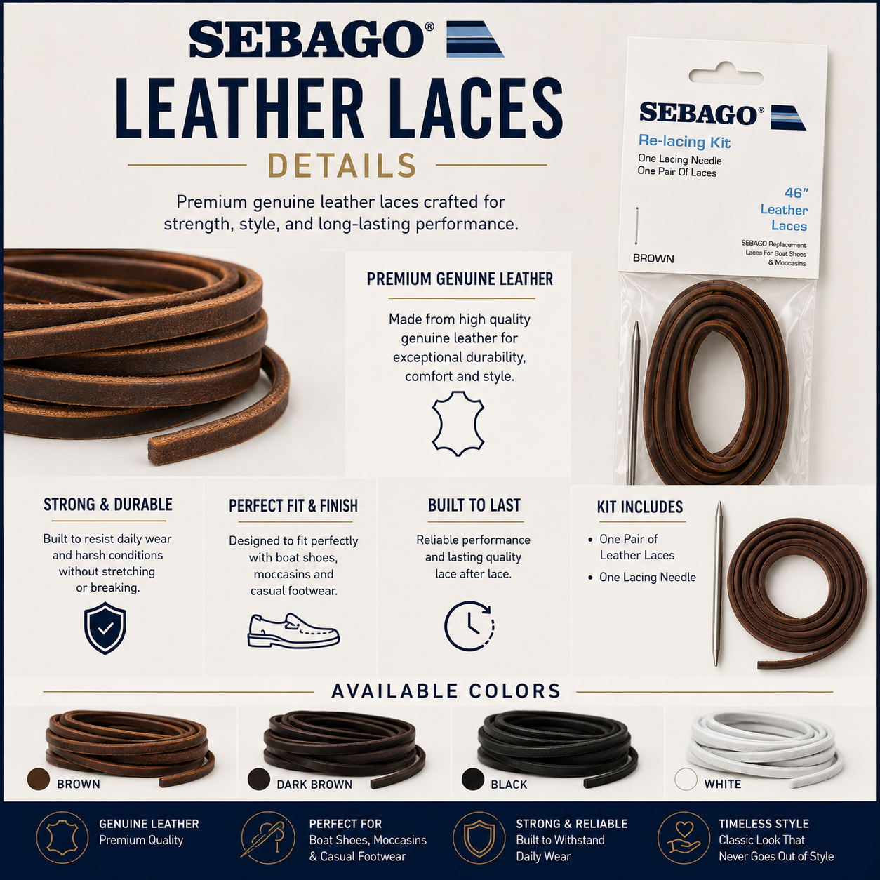 Sebago Leather Laces Square-Cut Replacement