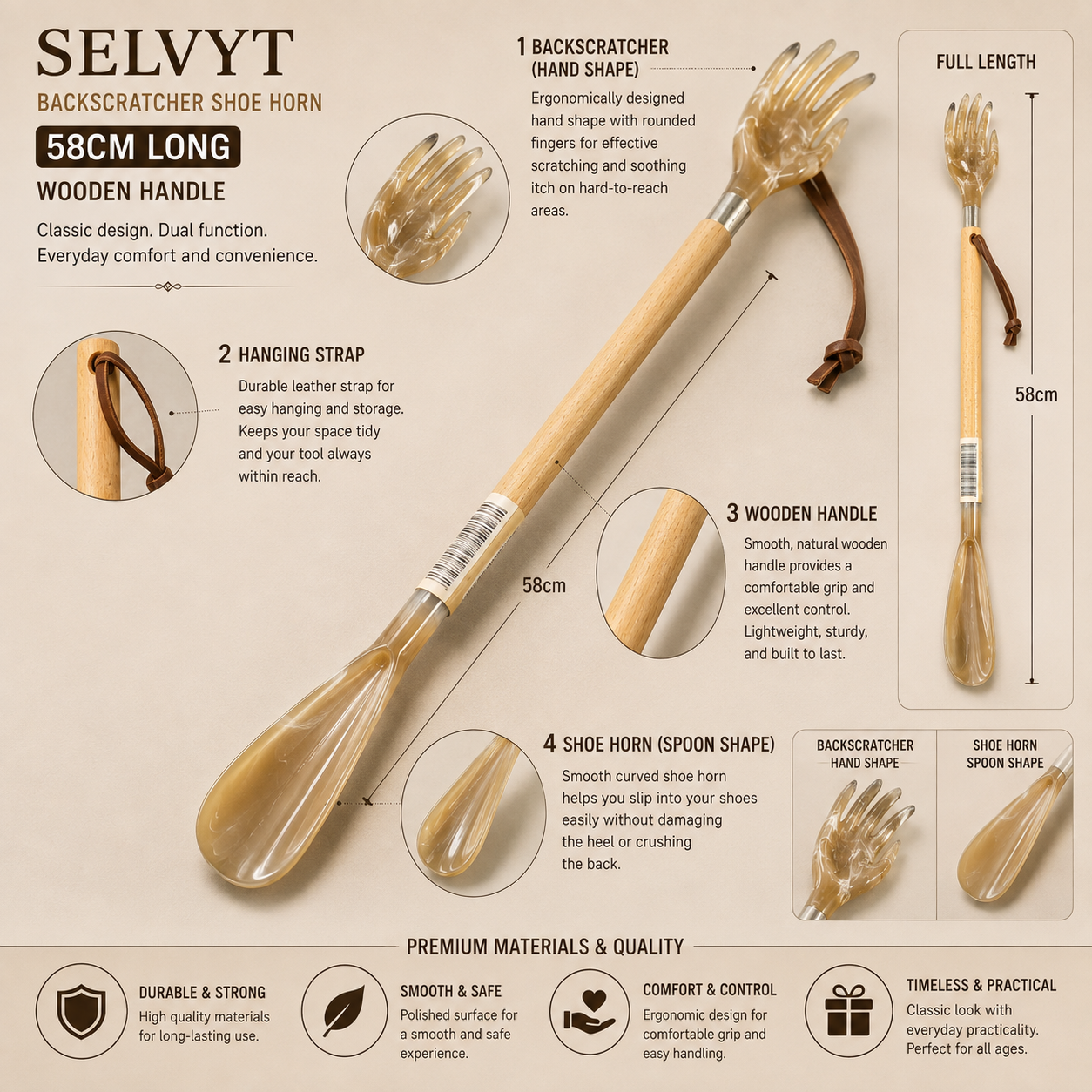 Selvyt Backscratcher Shoe Horn 58cm Long - Wooden Handle