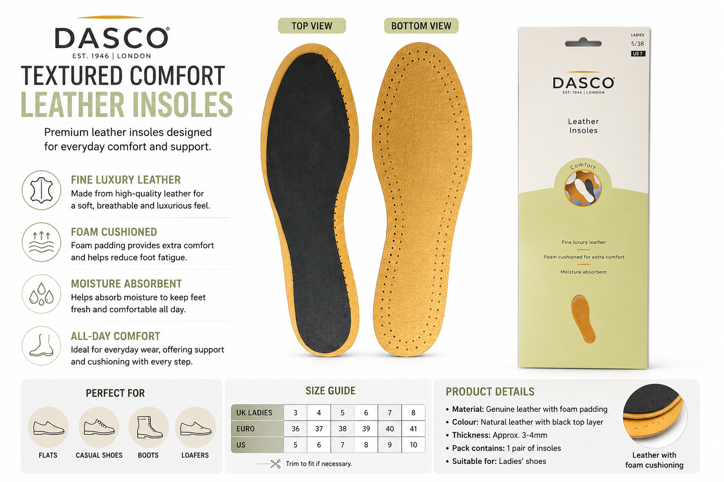 Dasco Leather Insoles - Textured Comfort for All-Day Support