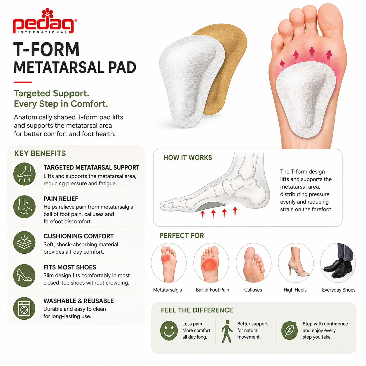 Pedag T-Form Metatarsal Pad Supports Cushions for Arch Relief