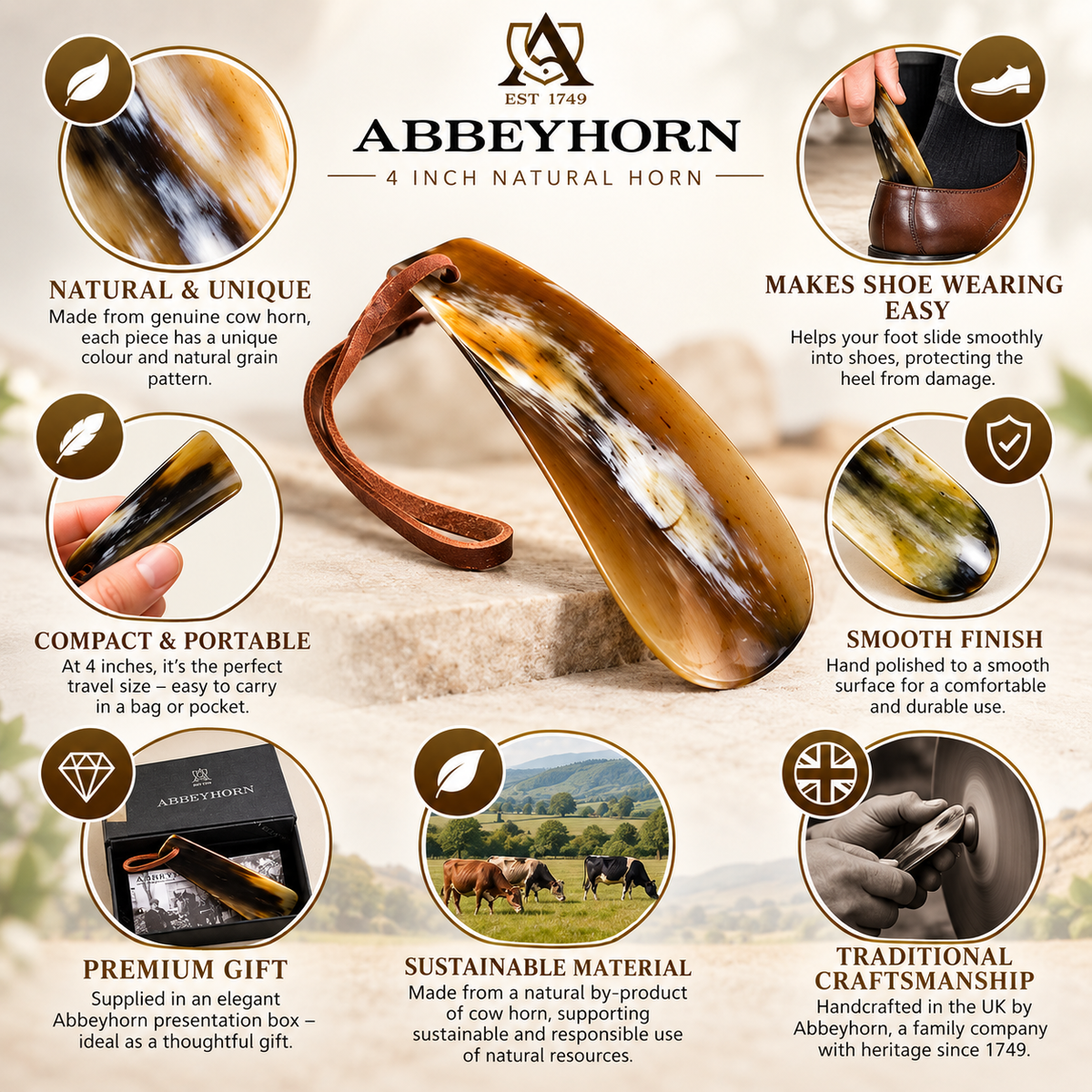 Abbeyhorn Shoehorn with Leather Thong 4" Travel Natural Eco-Friendly Shoehorn