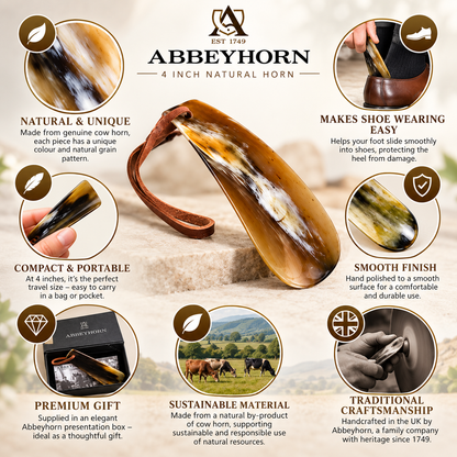 Abbeyhorn Shoehorn with Leather Thong 4" Travel Natural Eco-Friendly Shoehorn