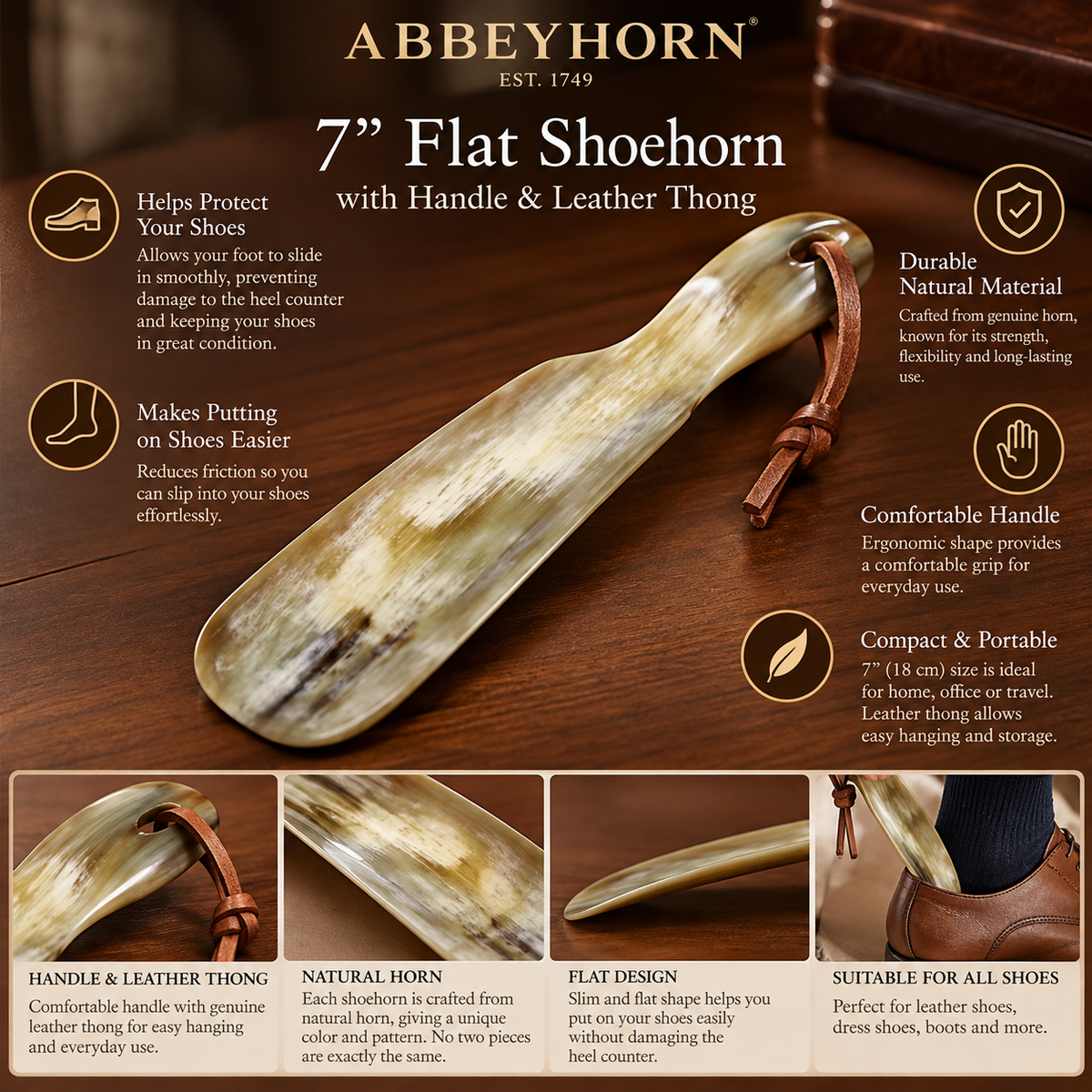 Abbeyhorn Flat 7" Shoehorn with Handle & Leather Thong