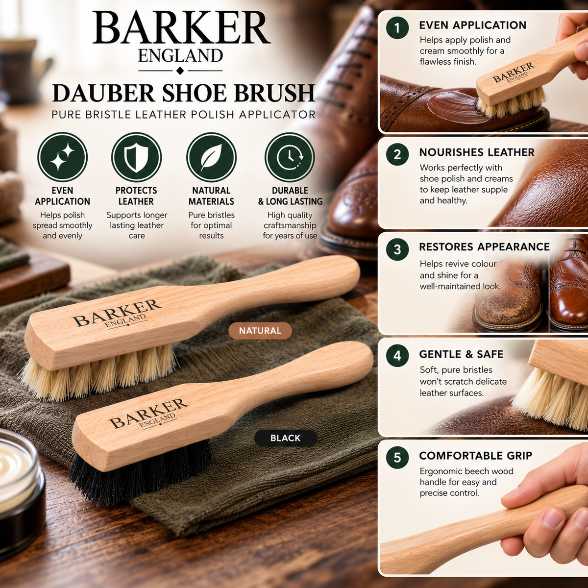 Barker Dauber Shoe Brush Pure Bristle Leather Polish Applicator