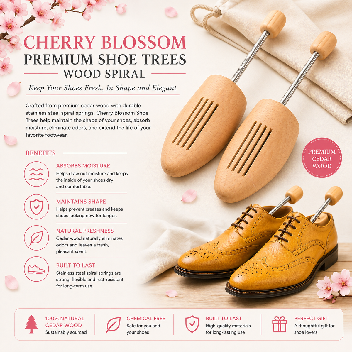 Cherry Blossom Premium Shoe Trees Wood Spiral