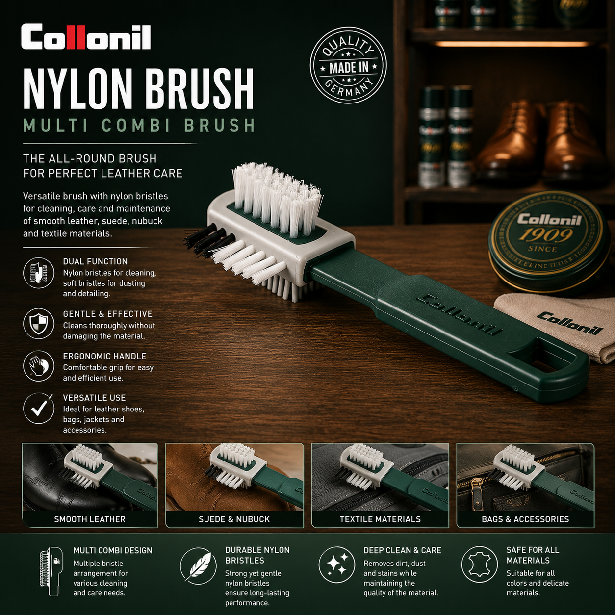 Collonil Nylon Brush - Multi Combi Brush for Leather & Sneaker Care with Perlon Bristles