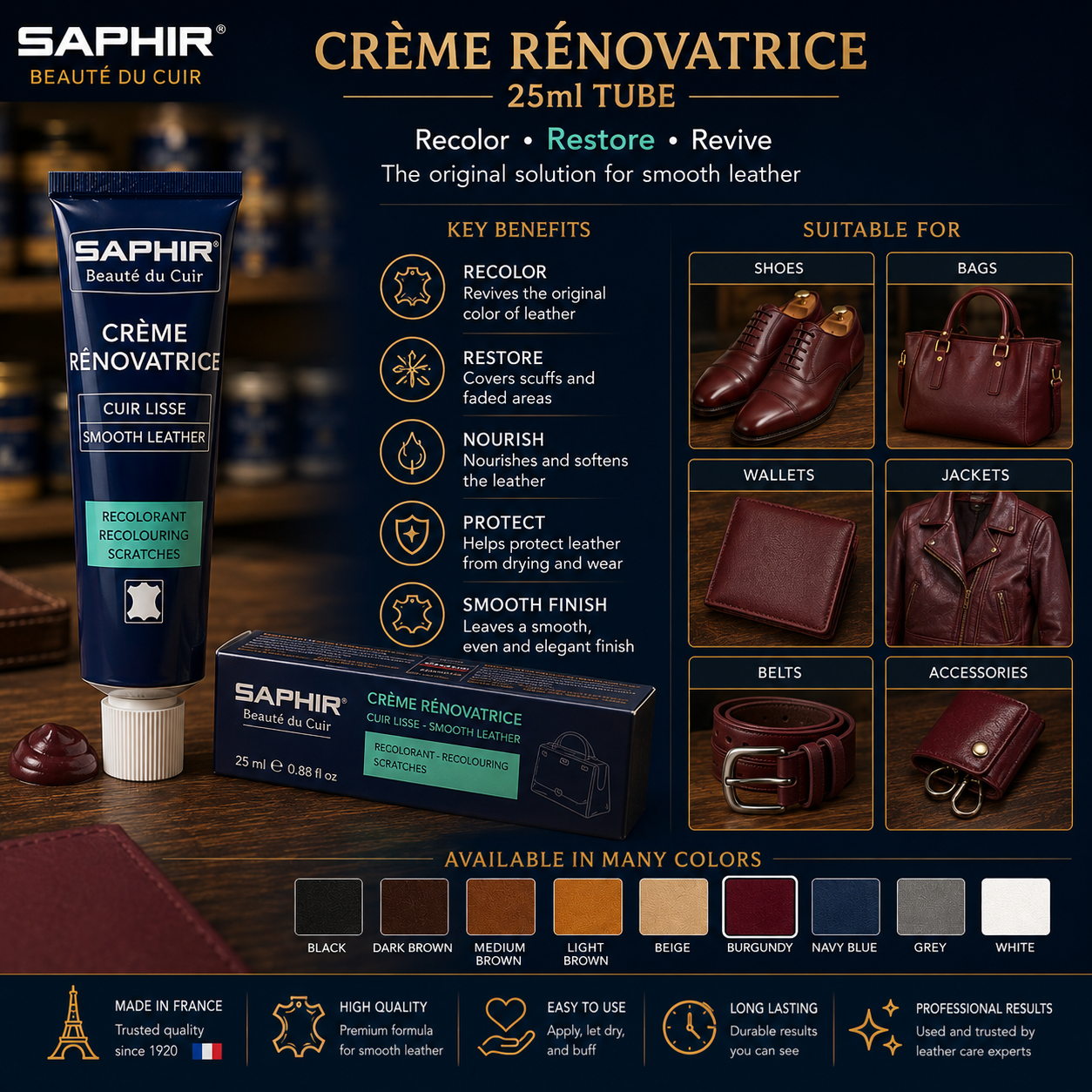 Saphir Creme Renovatrice 25ml Tube for Leather Care and Restoration