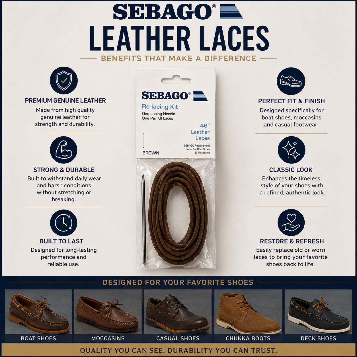 Sebago Leather Laces Square-Cut Replacement