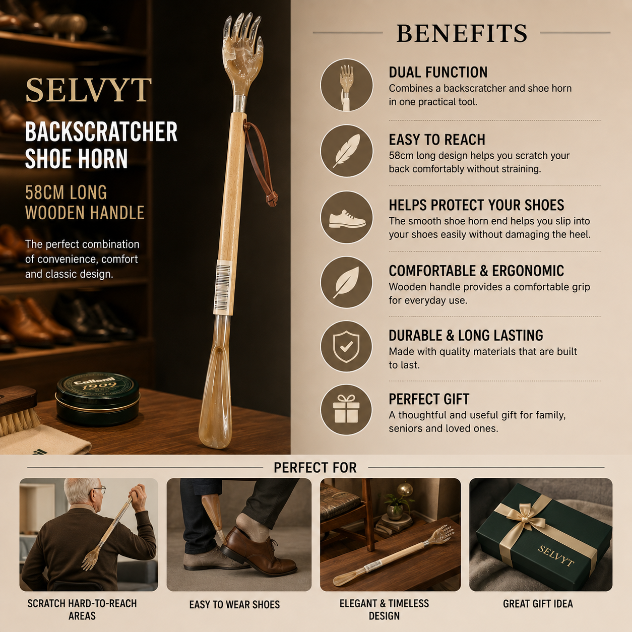 Selvyt Backscratcher Shoe Horn 58cm Long - Wooden Handle