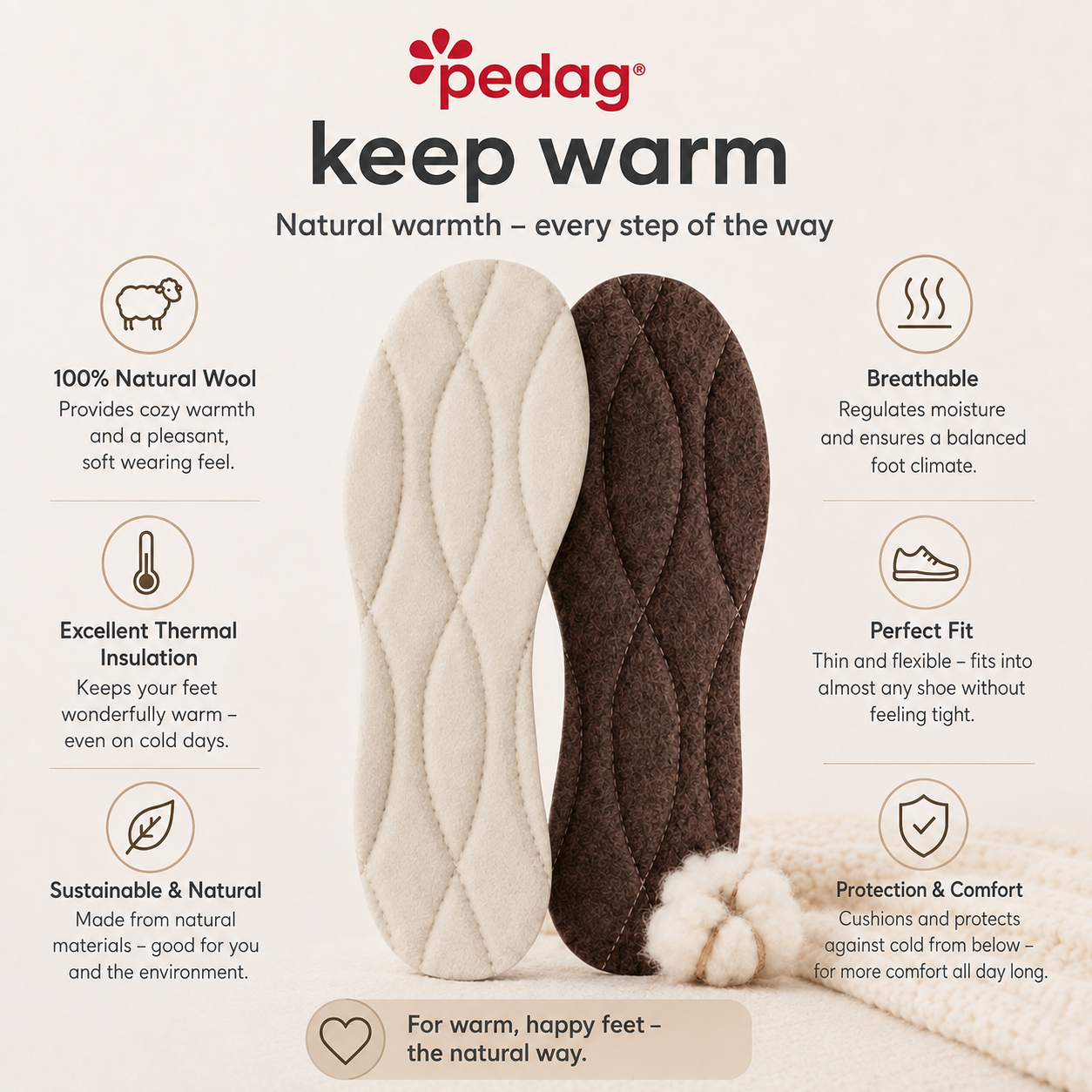 Pedag Keep Warm Wool Cork Insole - 100% Wool & Natural Comfort