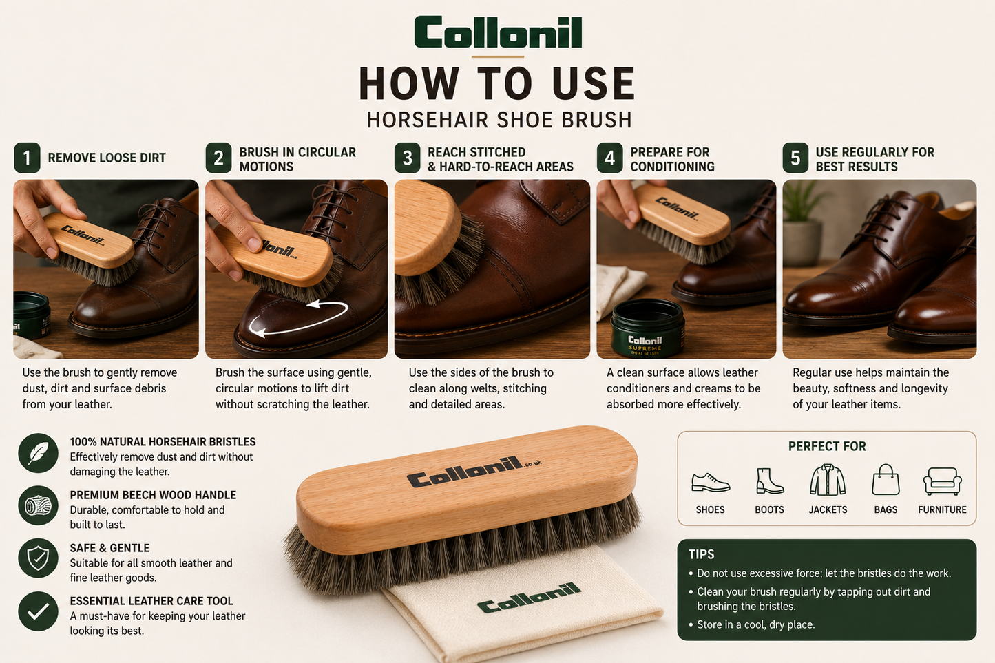 Collonil Horse Hair Brush Premium Beechwood Shoe Shine Brush