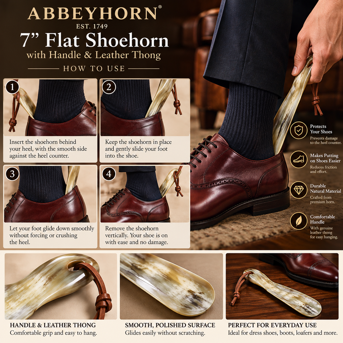 Abbeyhorn Flat 7" Shoehorn with Handle & Leather Thong