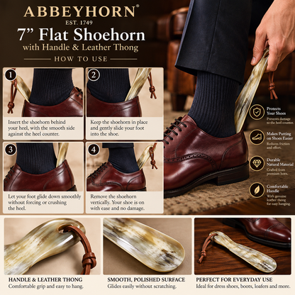Abbeyhorn Flat 7" Shoehorn with Handle & Leather Thong
