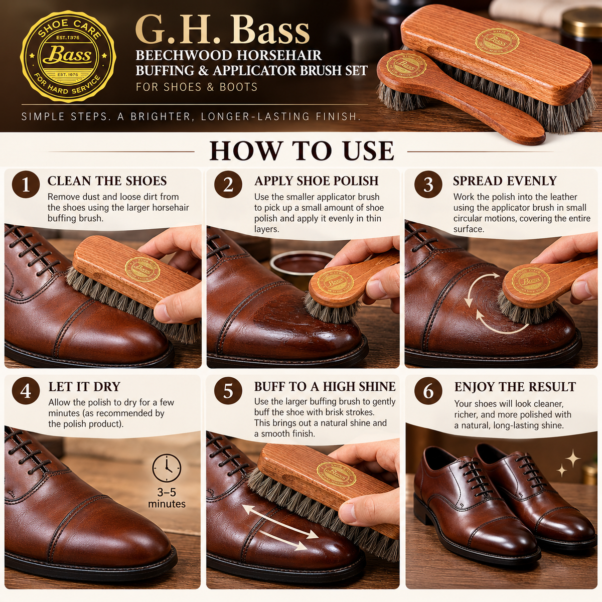 G.H. Bass Beechwood Horsehair Buffing & Applicator Brush Set