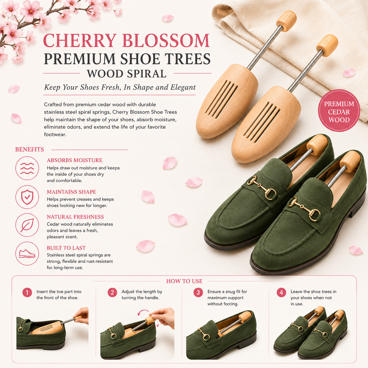 Cherry Blossom Premium Shoe Trees Wood Spiral
