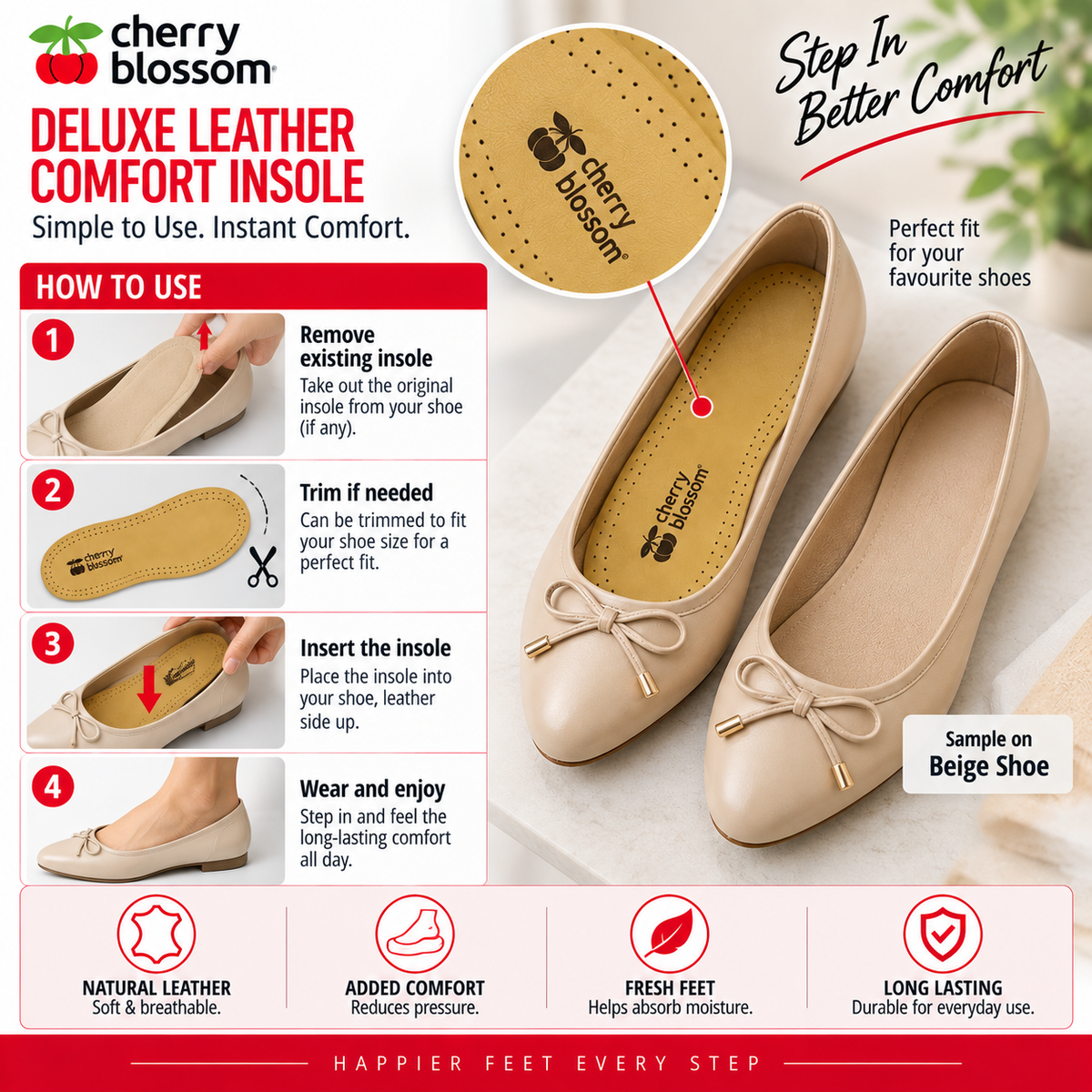 Cherry Blossom Deluxe Leather Comfort Insoles Mens 1 Pair All-Day Comfort