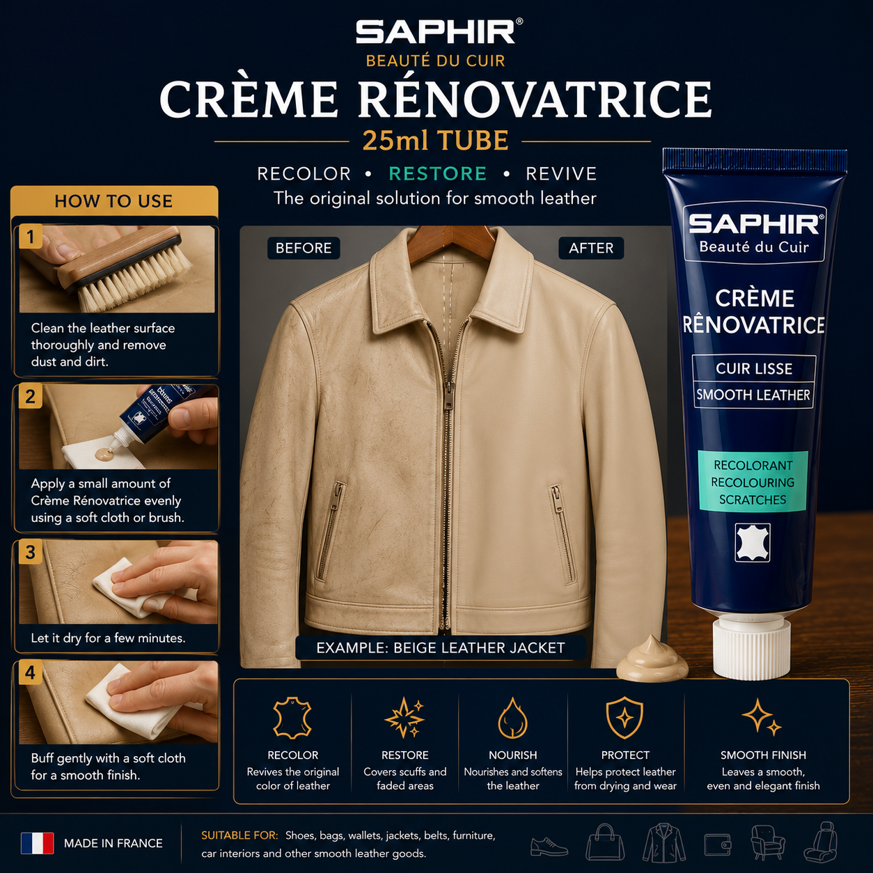 Saphir Creme Renovatrice 25ml Tube for Leather Care and Restoration