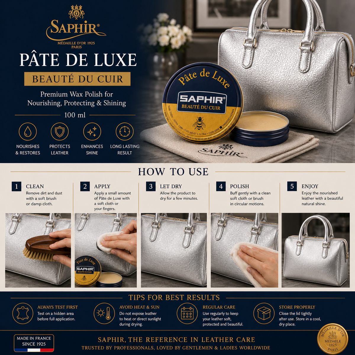 Saphir Wax Polish Pâte de Luxe 100 ml | High-Shine for Smooth Leather
