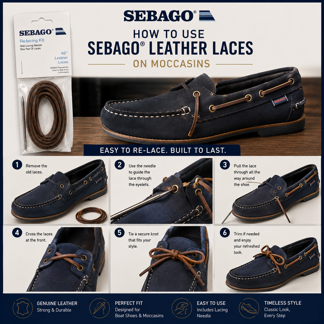 Sebago Leather Laces Square-Cut Replacement