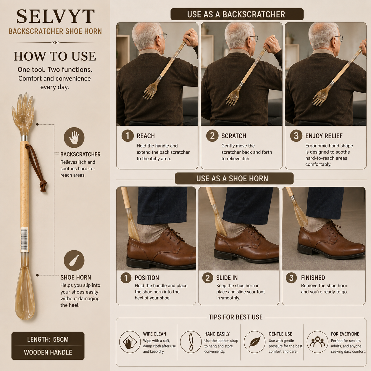 Selvyt Backscratcher Shoe Horn 58cm Long - Wooden Handle