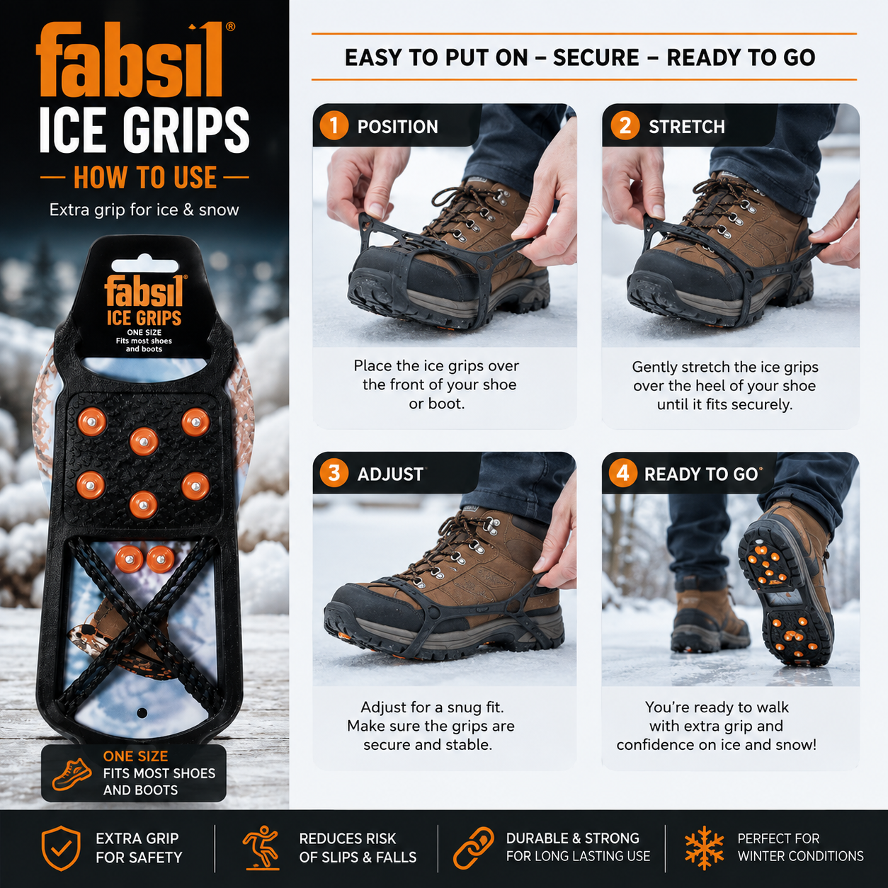 Fabsil Ice Grips Anti-Slip Boot Grips for Snow & Ice