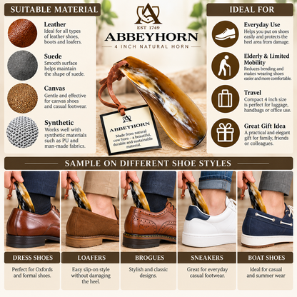 Abbeyhorn Shoehorn with Leather Thong 4" Travel Natural Eco-Friendly Shoehorn