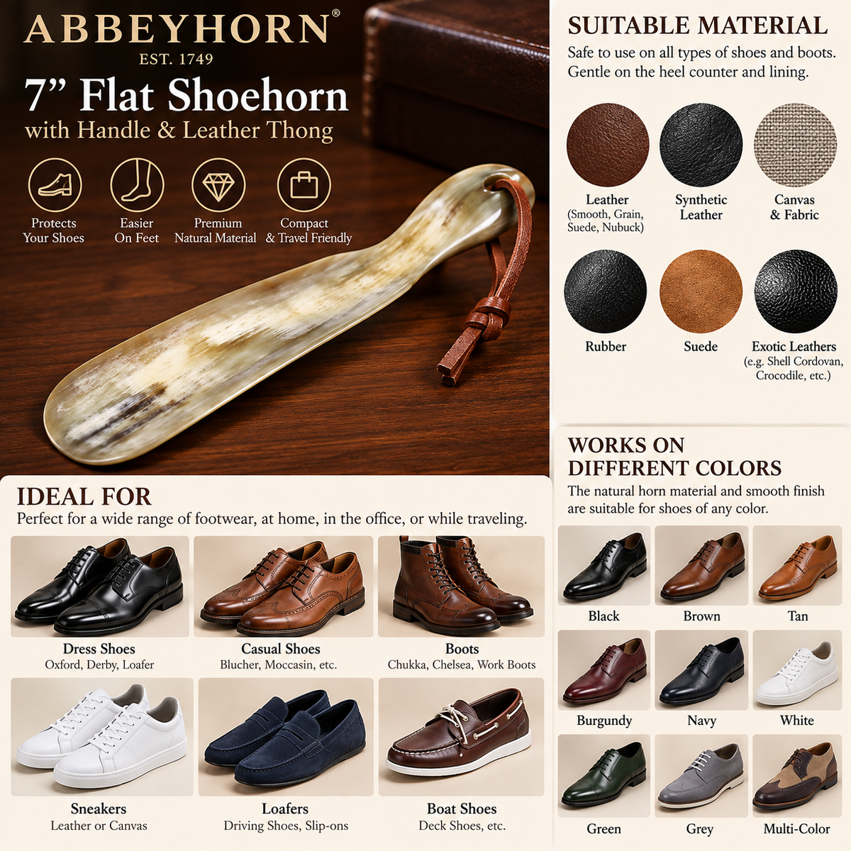Abbeyhorn Flat 7" Shoehorn with Handle & Leather Thong