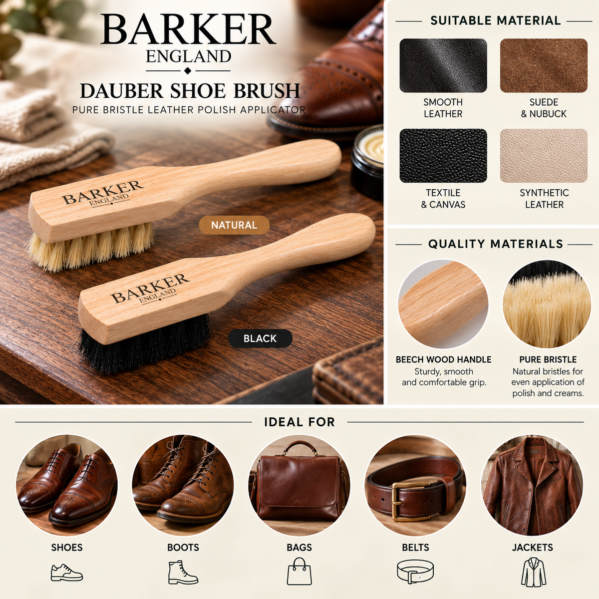 Barker Dauber Shoe Brush Pure Bristle Leather Polish Applicator