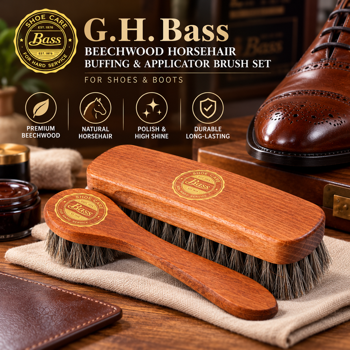G.H. Bass Beechwood Horsehair Buffing & Applicator Brush Set