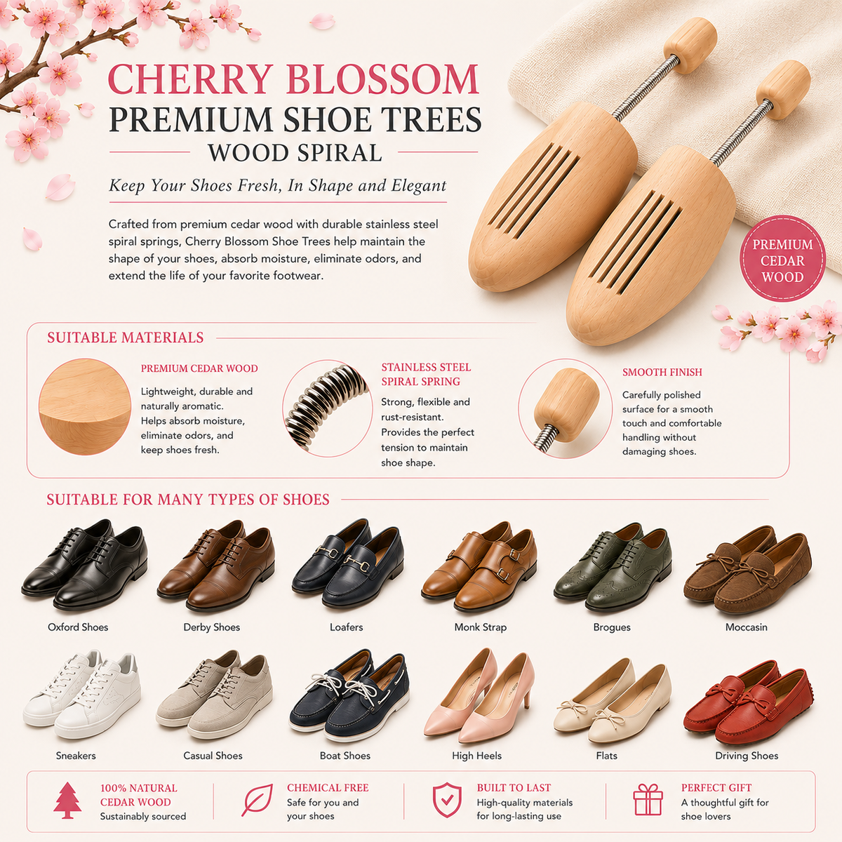Cherry Blossom Premium Shoe Trees Wood Spiral