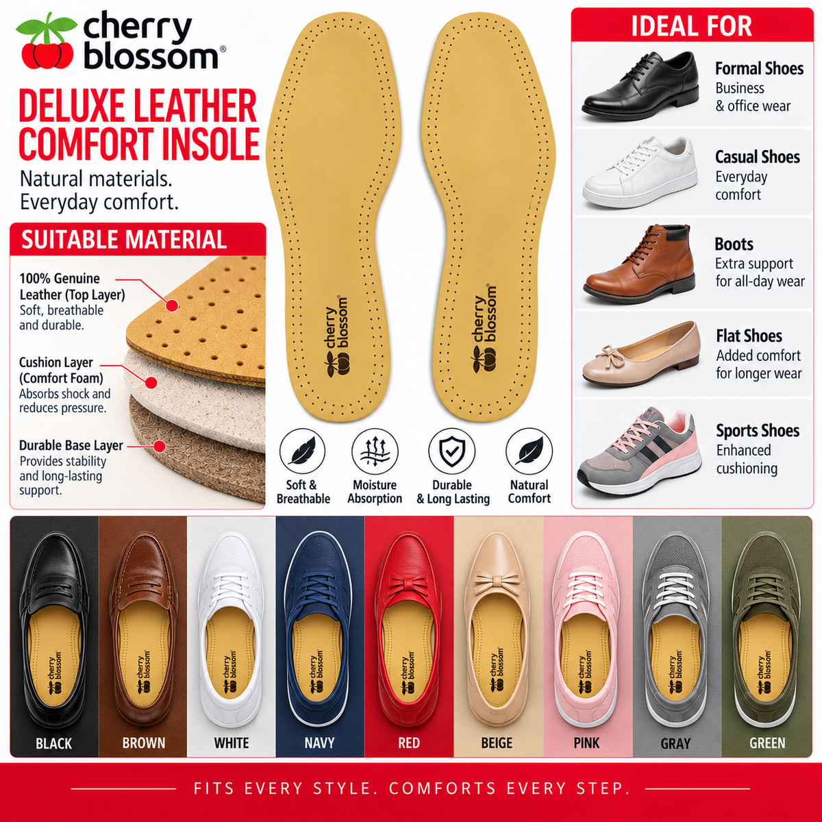 Cherry Blossom Deluxe Leather Comfort Insoles Mens 1 Pair All-Day Comfort