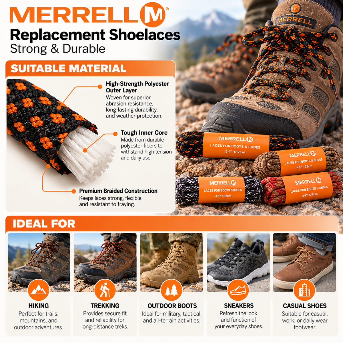 Merrell Replacement Shoelaces | Strong & Durable