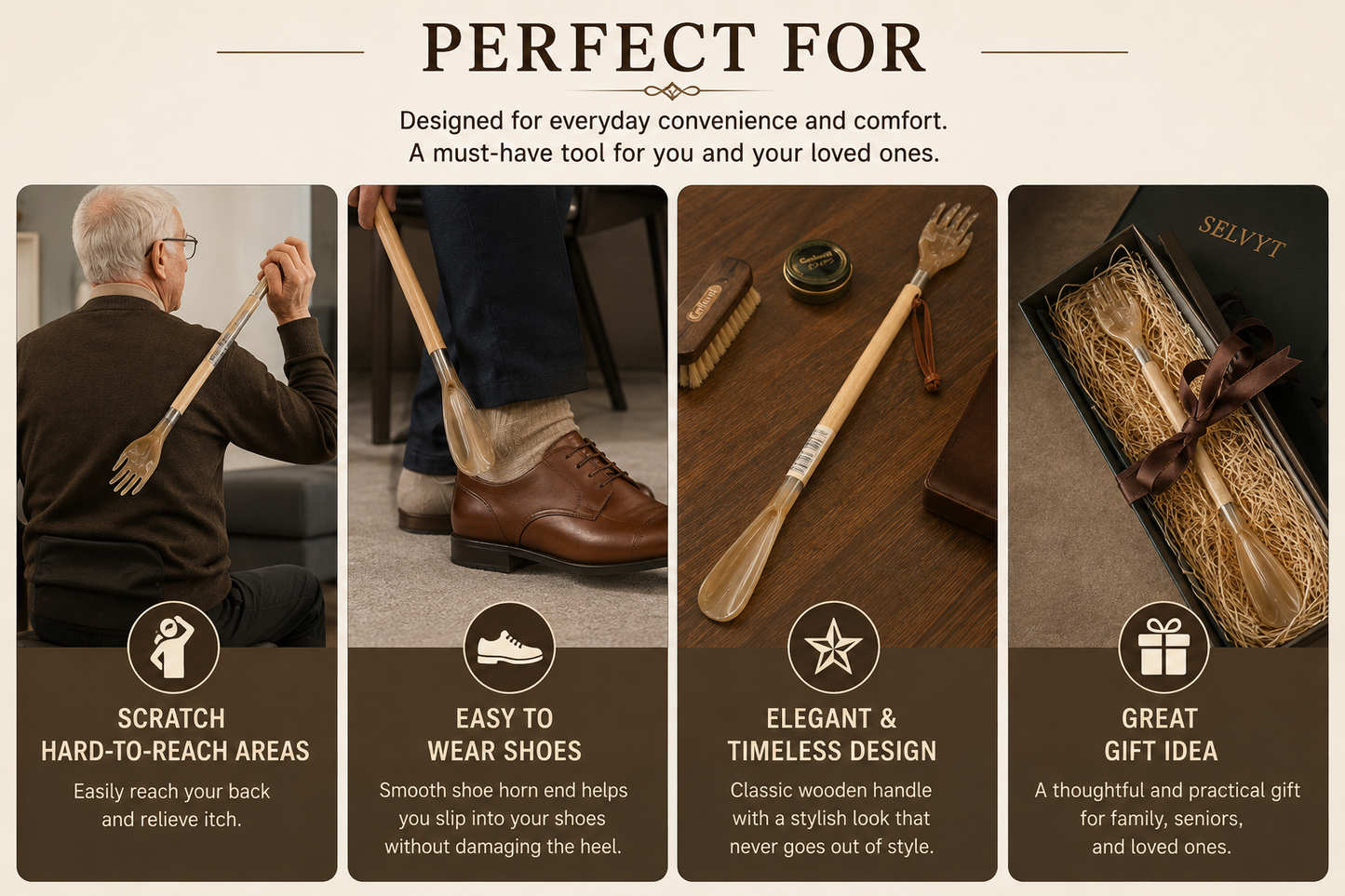 Selvyt Backscratcher Shoe Horn 58cm Long - Wooden Handle