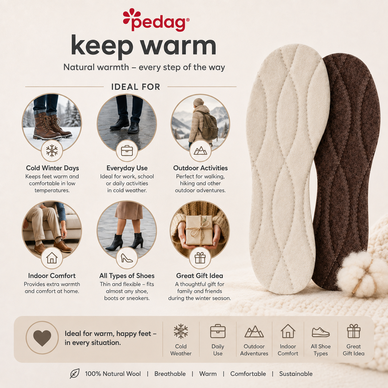 Pedag Keep Warm Wool Cork Insole - 100% Wool & Natural Comfort