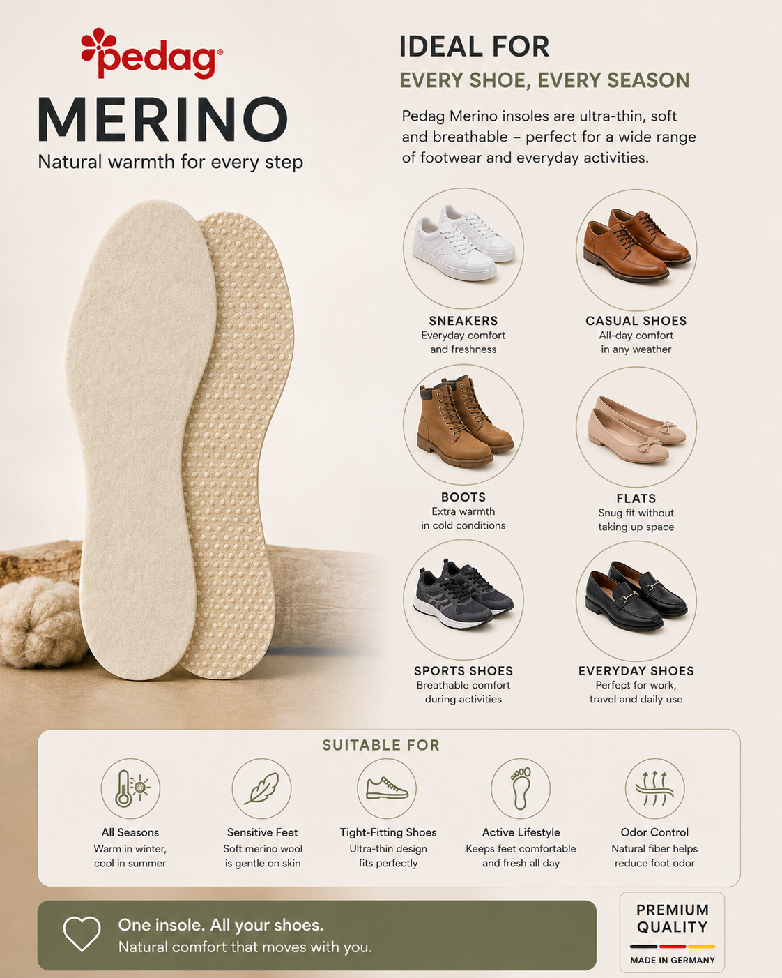 Pedag Merino Wool Insole for Shoes and Boots