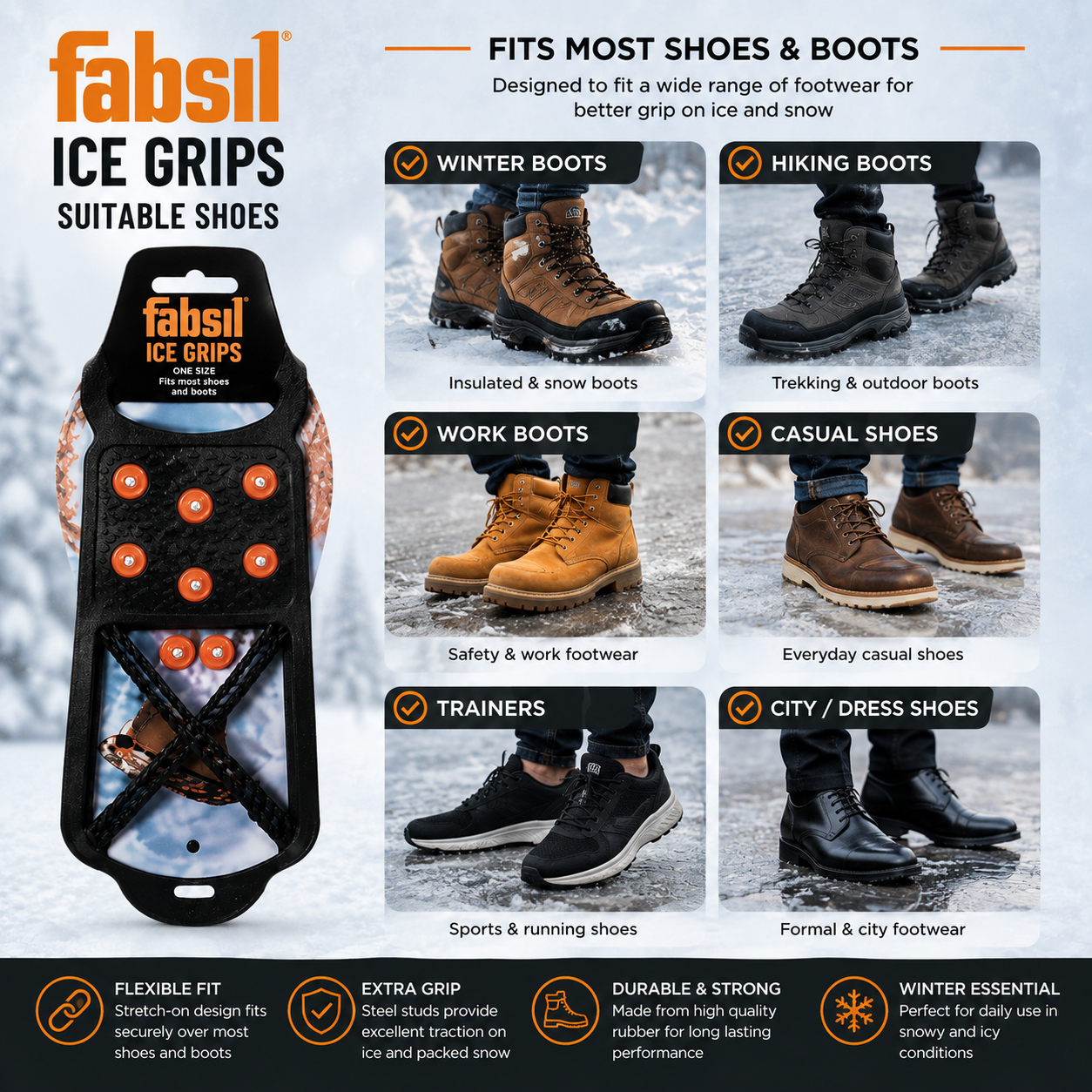 Fabsil Ice Grips Anti-Slip Boot Grips for Snow & Ice