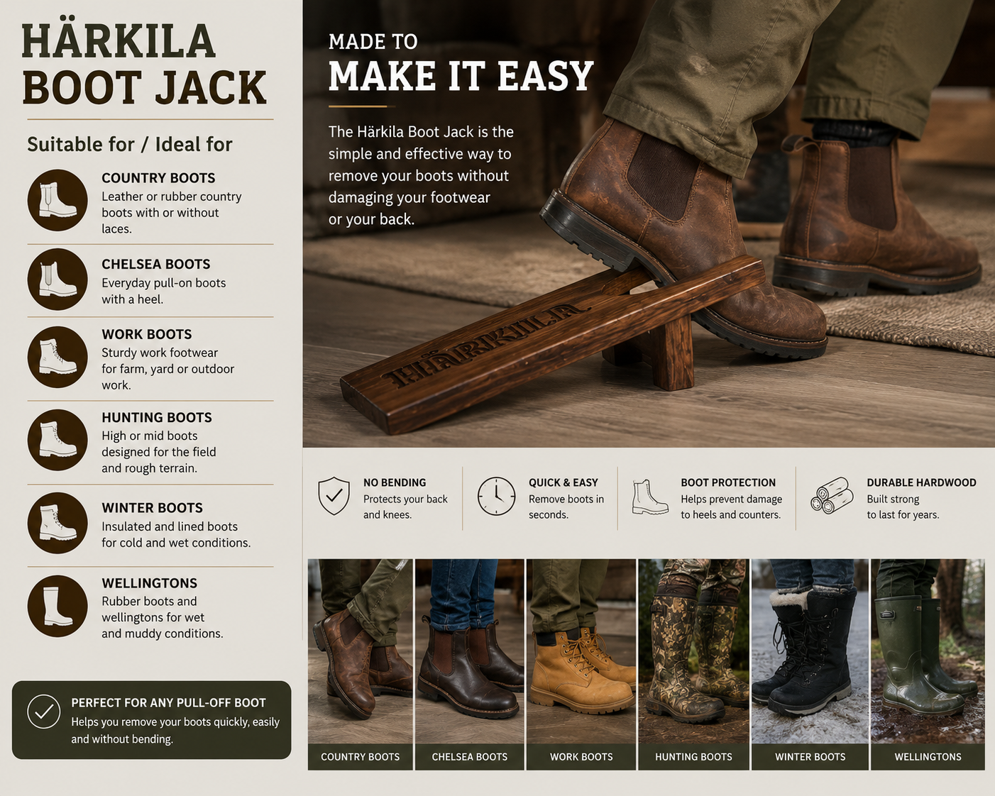 Harkila Boot Jack Dark Brown Sturdy Hardwood Boot Remover