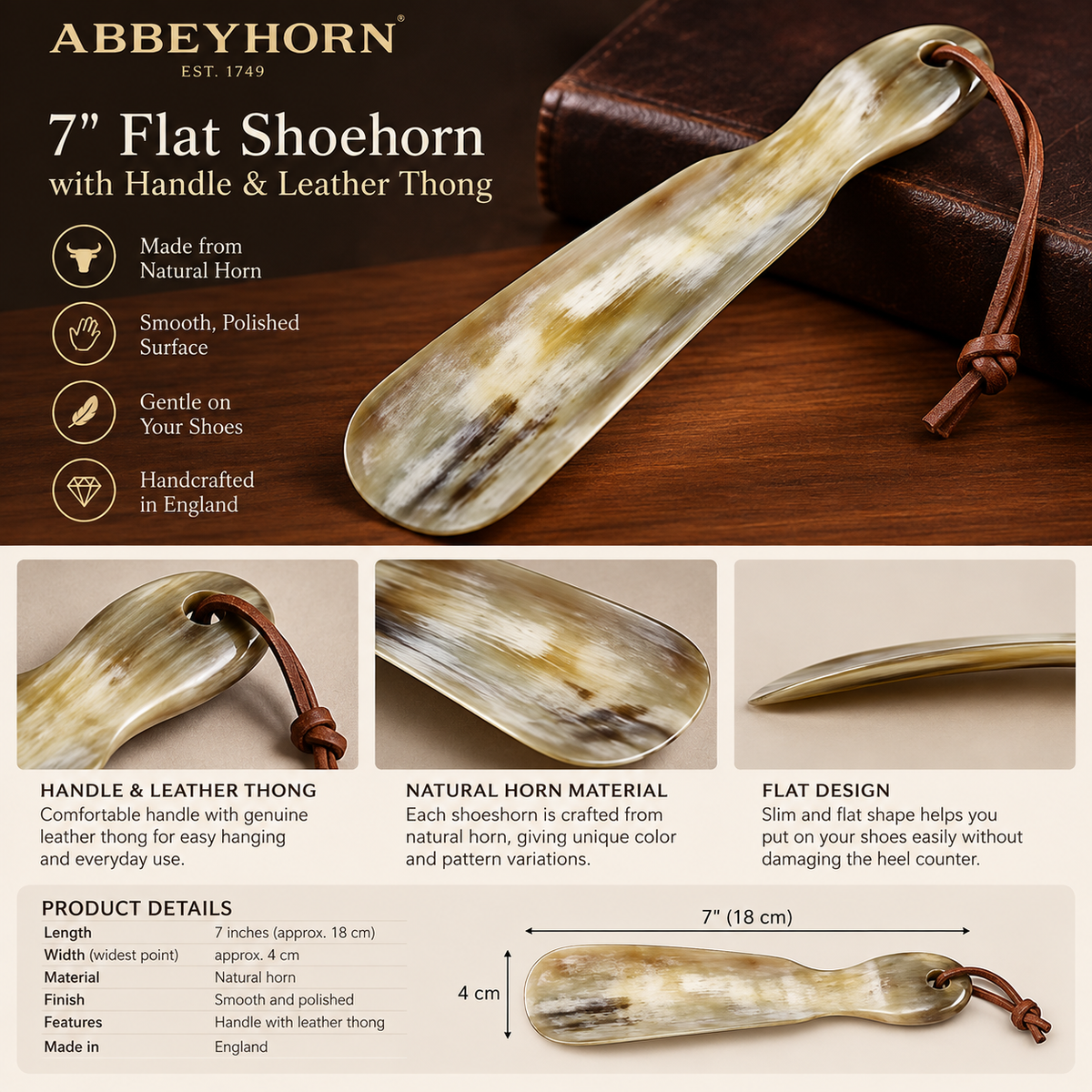 Abbeyhorn Flat 7" Shoehorn with Handle & Leather Thong