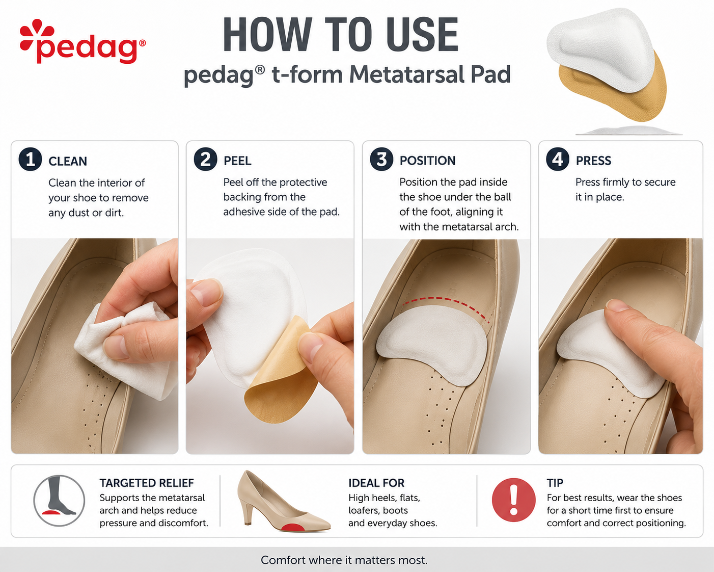 Pedag T-Form Metatarsal Pad Supports Cushions for Arch Relief