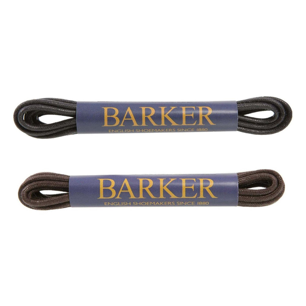 Two pairs of Barker waxed shoe laces, one for shoes and one for boots, with a wax coating and branded with the name 'BARKER' on a label.