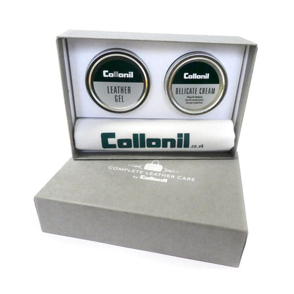 Collonil Complete Care Gift Set for Handbags, containing a leather gel tube, a delicate cream tube, and a protective spray bottle, all packaged in a grey box with the Collonil logo.