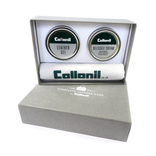 Collonil Complete Care Gift Set for Handbags, containing a leather gel tube, a delicate cream tube, and a protective spray bottle, all packaged in a grey box with the Collonil logo.