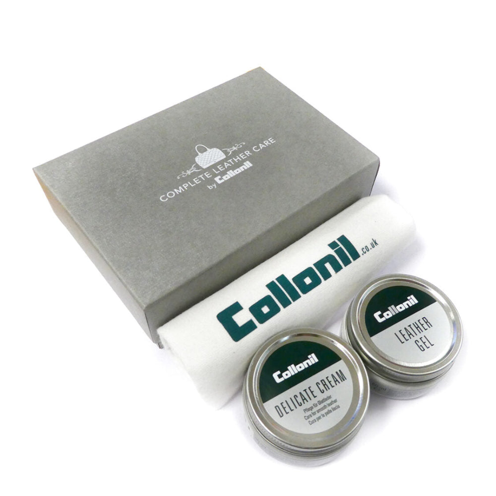 Collonil leather care products including cream and gel with a branded box on a white background