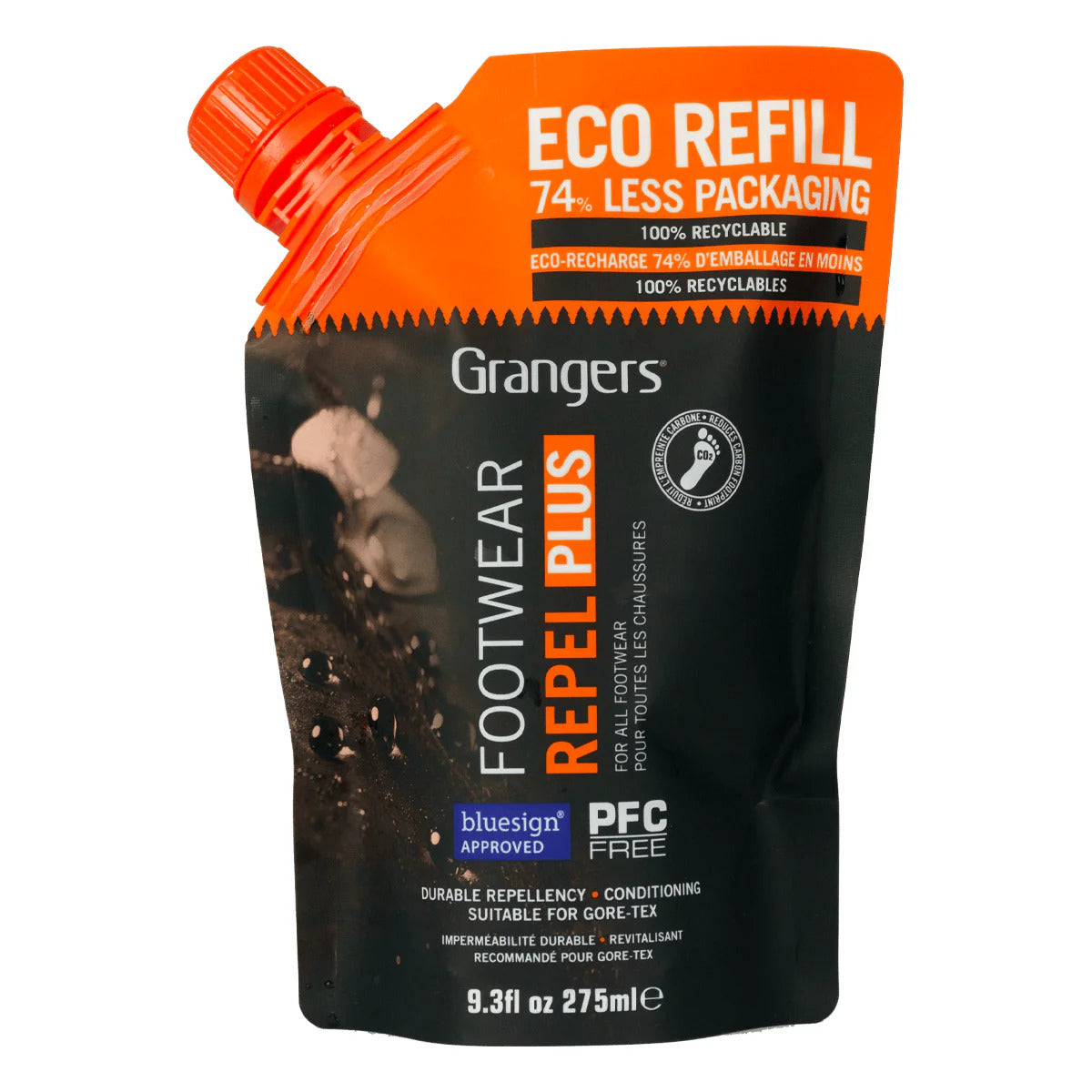A pouch of Grangers Footwear Repel Plus Eco Refill, which is a waterproofing treatment for footwear. The packaging is black with orange details and it is labeled as 74% less packaging, 100% recyclable, and PFC free.