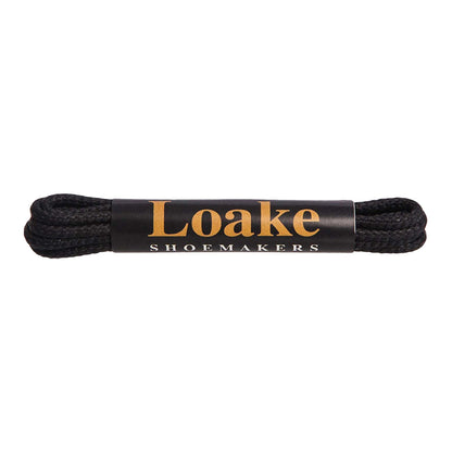 Black shoelaces with Loake Shoemakers label on a white background