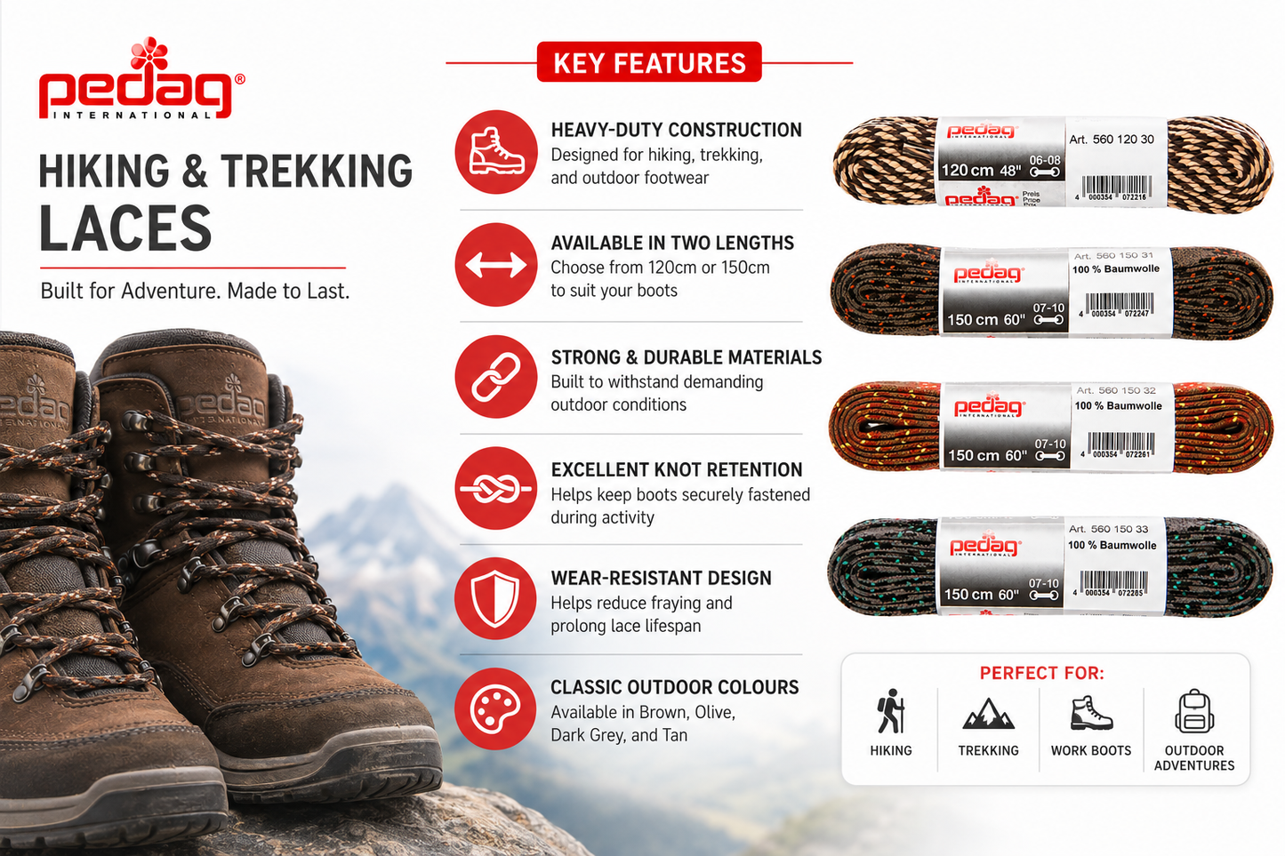 Pedag Hiking & Trekking Laces | 120cm & 150cm Boot