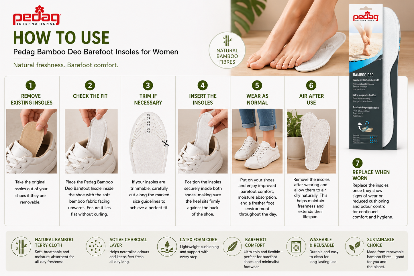 Pedag Bamboo Deo Barefoot Insoles for Women
