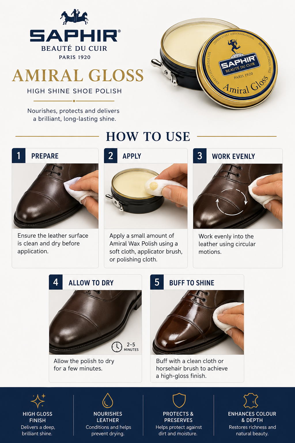 Saphir Beaute du Cuir Amiral Wax Polish 50ml - High Gloss Finish