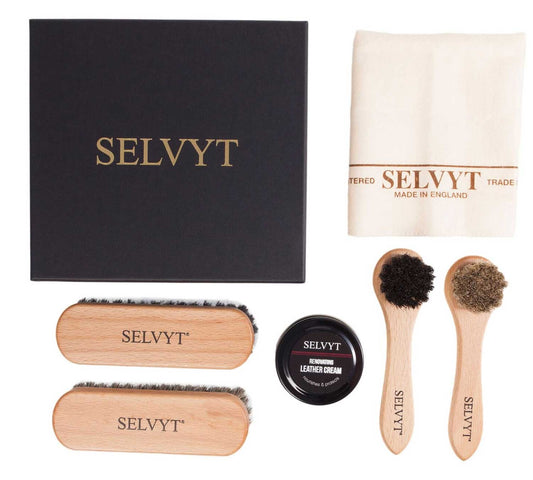 Selvyt Luxury Shoe Care Box - SET A - Brushes, Daubers, Cloth & Cream Polish 50ml